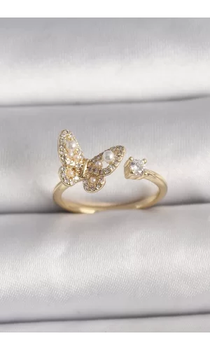 Pirinç Gold Renk Zirkon Taşlı Kelebek Model İnci Detay Ayarlanabilir Yüzük