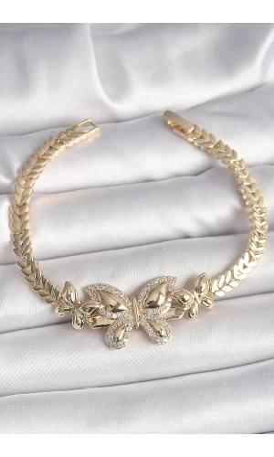 Pirinç Gold Renk Zirkon Taşlı Kelebek Model Kadın Bileklik