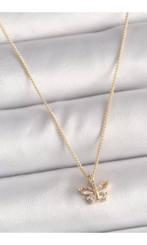 Pirinç Gold Renk Zirkon Taşlı Kelebek Model Kadın Kolye