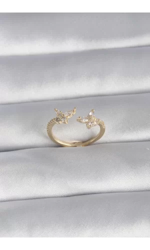 Pirinç Gold Renk Zirkon Taşlı Kelebek Model Kadın Yüzük