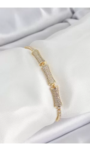 Pirinç Gold Renk Zirkon Taşlı Kemik Model Kadın Bileklik