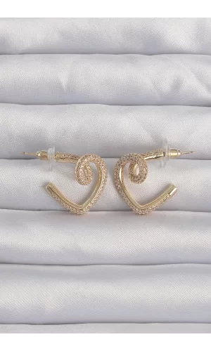 Pirinç Gold Renk Zirkon Taşlı Kıvrımlı Yarım Kalp Küpe
