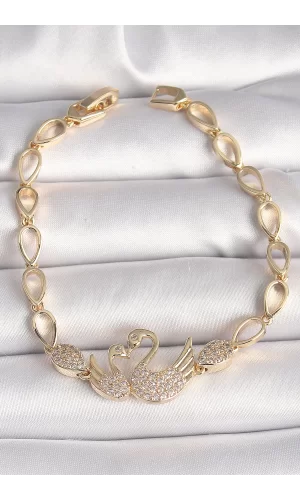Pirinç Gold Renk Zirkon Taşlı Kuğu Figür Damla Zincir Model Kadın Bileklik