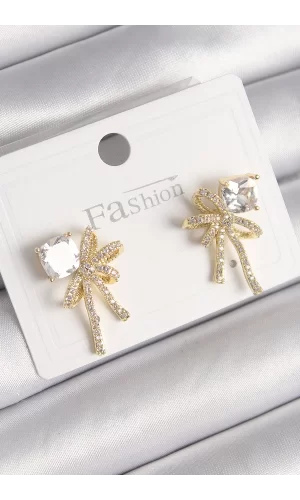 Pirinç Gold Renk Zirkon Taşlı Kurdele Model Kadın Küpe
