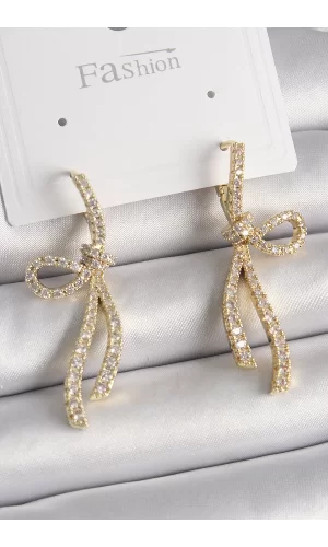 Pirinç Gold Renk Zirkon Taşlı Kurdele Model Kadın Küpe