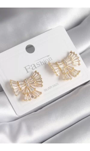 Pirinç Gold Renk Zirkon Taşlı Kurdele Model Kadın Küpe