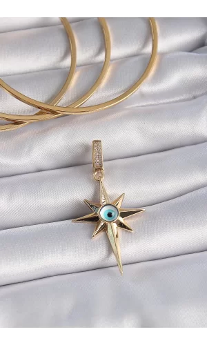 Pirinç Gold Renk Zirkon Taşlı Kutup Yıldızı Nazar Boncuk Detay Ajda Charm