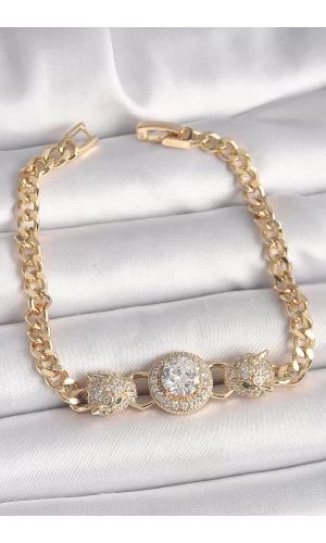Pirinç Gold Renk Zirkon Taşlı Leopar Figür Zincir Model Kadın Bileklik