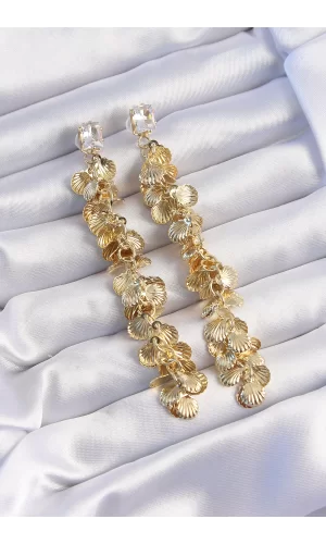 Pirinç Gold Renk Zirkon Taşlı Minimal Deniz Kabuklu Sallantılı Küpe