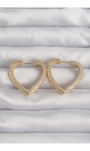 Pirinç Gold Renk Zirkon Taşlı Motifli Kalp Küpe