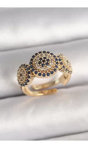 Pirinç Gold Renk Zirkon Taşlı Nazar Boncuk Model Ayarlanabilir Model Kadın Yüzük