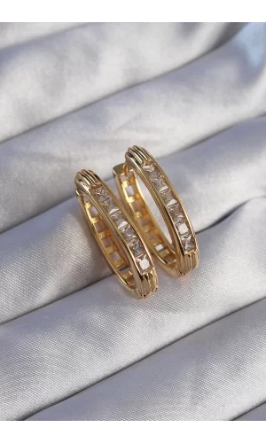 Pirinç Gold Renk Zirkon Taşlı Oval Model Küpe