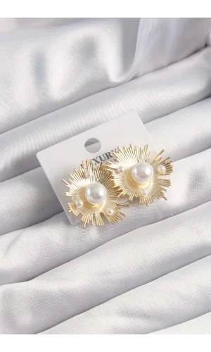 Pirinç Gold Renk Zirkon Taşlı Parlayan İnci Taneleri Küpe