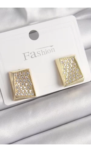 Pirinç Gold Renk Zirkon Taşlı Plaka Model Kadın Küpe