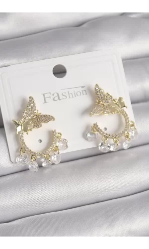 Pirinç Gold Renk Zirkon Taşlı Sallantı Detay Kelebek Model Kadın Küpe