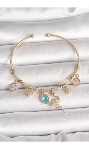 Pirinç Gold Renk Zirkon Taşlı Sallantı Filamingo Figür Charm Kadın Bileklik