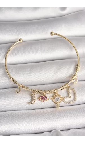 Pirinç Gold Renk Zirkon Taşlı Sallantı Gezegen Model Yıldız Detay Charm Kadın Bileklik