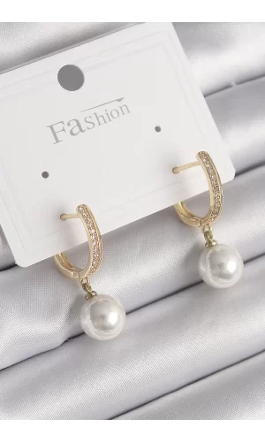 Pirinç Gold Renk Zirkon Taşlı Sallantı İnci Model Kadın Küpe