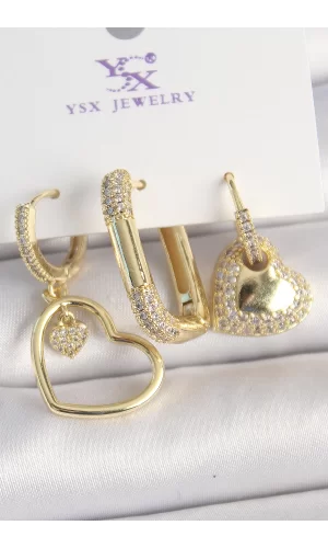 Pirinç Gold Renk Zirkon Taşlı Sallantı Kalp Model 3Lü Kadın Kombin Küpe