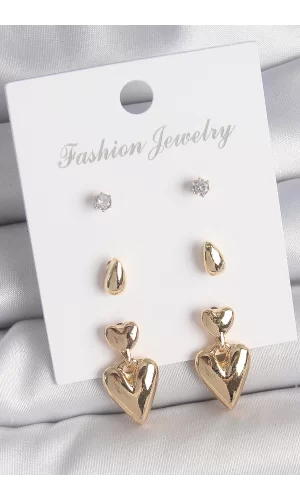 Pirinç Gold Renk Zirkon Taşlı Sallantılı Kalp Model 3 Çift Kadın Küpe Seti