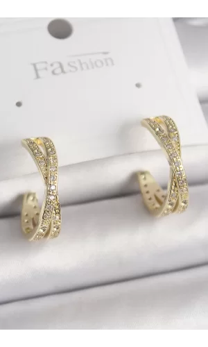Pirinç Gold Renk Zirkon Taşlı Sarmal Halka Model Kadın Küpe