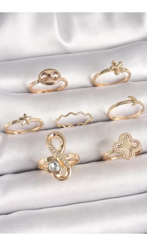 Pirinç Gold Renk Zirkon Taşlı Sonsuzluk Figür Yıldız Detay Kadın Yüzük Kombini