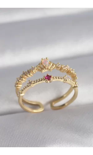 Pirinç Gold Renk Zirkon Taşlı Taç Model Kadın Yüzük