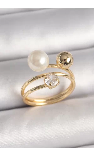 Pirinç Gold Renk Zirkon Taşlı Top İnci Model Kadın Yüzük