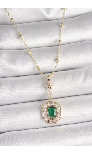 Pirinç Gold Renk Zirkon Taşlı Topçuk Zincir Serenay Model Kadın Kolye