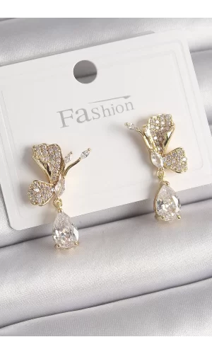 Pirinç Gold Renk Zirkon Taşlı Turna Kuşu Model Sallantı Detay Kadın Küpe