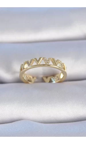 Pirinç Gold Renk Zirkon Taşlı V Model Kadın Yüzük