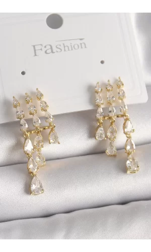Pirinç Gold Renk Zirkon Taşlı Yağmur Model Kadın Küpe