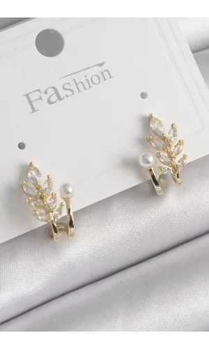 Pirinç Gold Renk Zirkon Taşlı Yaprak Model İnci Detay Küpe