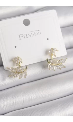 Pirinç Gold Renk Zirkon Taşlı Yaprak Model Kadın Küpe