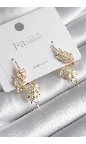 Pirinç Gold Renk Zirkon Taşlı Yaprak Model Kadın Küpe