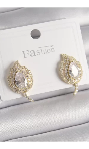 Pirinç Gold Renk Zirkon Taşlı Yaprak Model Kadın Küpe