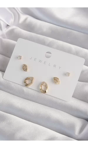 Pirinç Gold Renk Zirkon Taşlı Yaprak Model Küpe Seti