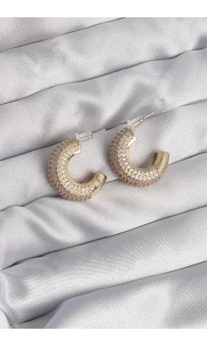 Pirinç Gold Renk Zirkon Taşlı Yarım Halka Küpe