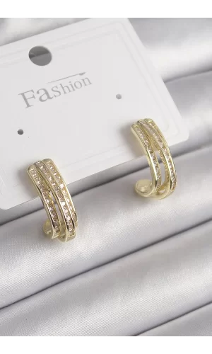 Pirinç Gold Renk Zirkon Taşlı Yarım Halka Model Kadın Küpe