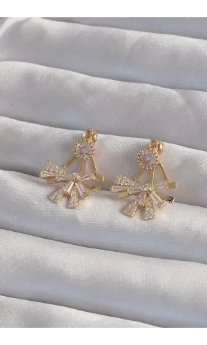 Pirinç Gold Renk Zirkon Taşlı Yassı Fiyonk Model Küpe