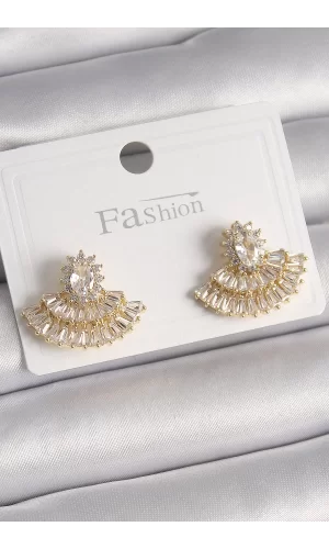 Pirinç Gold Renk Zirkon Taşlı Yelpaze Model Kadın Küpe