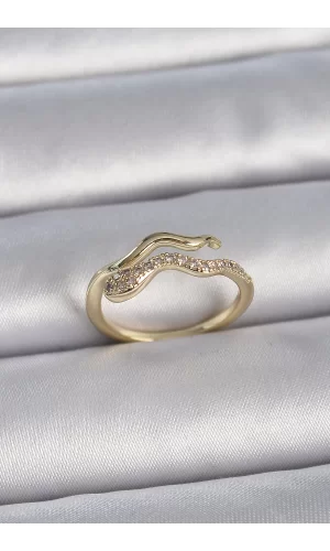 Pirinç Gold Renk Zirkon Taşlı Yılan Ayarlanabilir Model Kadın Yüzük