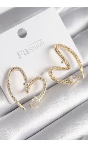 Pirinç Gold Renk Zirkon Taşlı Yılan Kalp Model Kadın Küpe