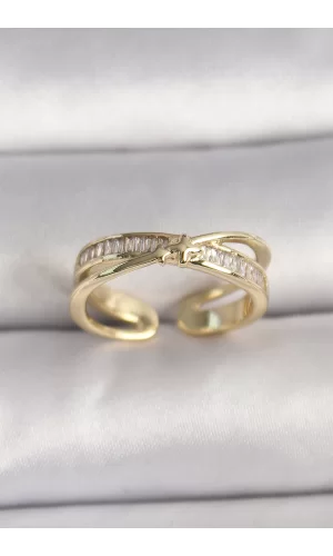 Pirinç Gold Renk Zirkon Taşlı Yıldız Detaylı Ayarlanabilir Kadın Yüzük