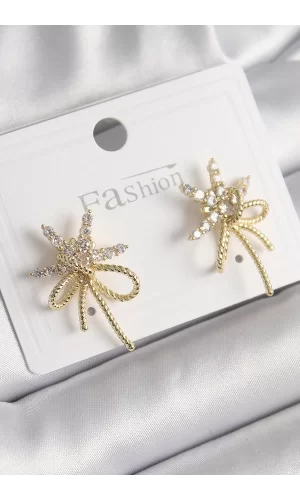 Pirinç Gold Renk Zirkon Taşlı Yıldız Düğüm Model Kadın Küpe