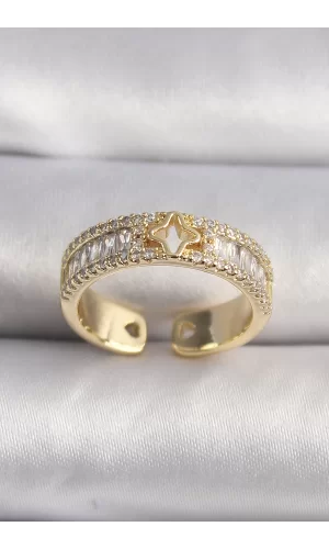 Pirinç Gold Renk Zirkon Taşlı Yıldız İşleme VIP Seri Kadın Yüzük