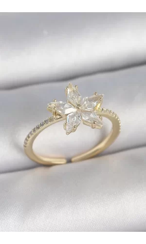 Pirinç Gold Renk Zirkon Taşlı Yıldız Model Ayarlanabilir Kadın Yüzük