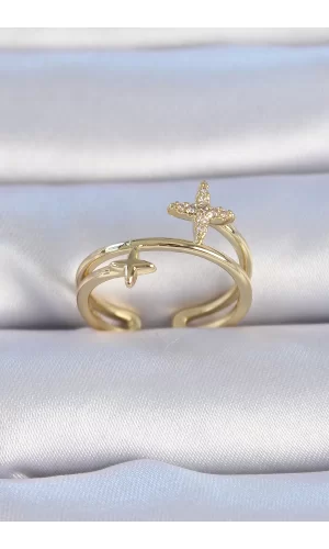 Pirinç Gold Renk Zirkon Taşlı Yıldız Model Kadın Yüzük