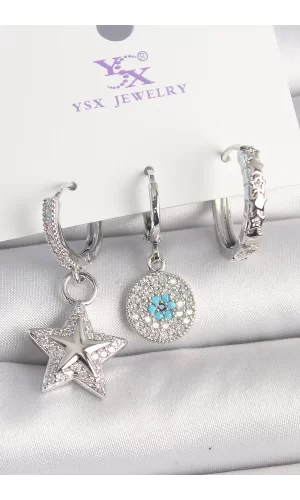 Pirinç Gold Renk Zirkon Taşlı Yıldız Model Nazar Boncuk Detay 3Lü Kadın Kombin Küpe