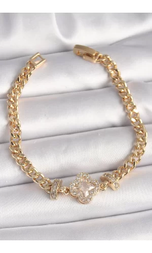 Pirinç Gold Renk Zirkon Taşlı Yonca Figür Zincir Model Kadın Bileklik